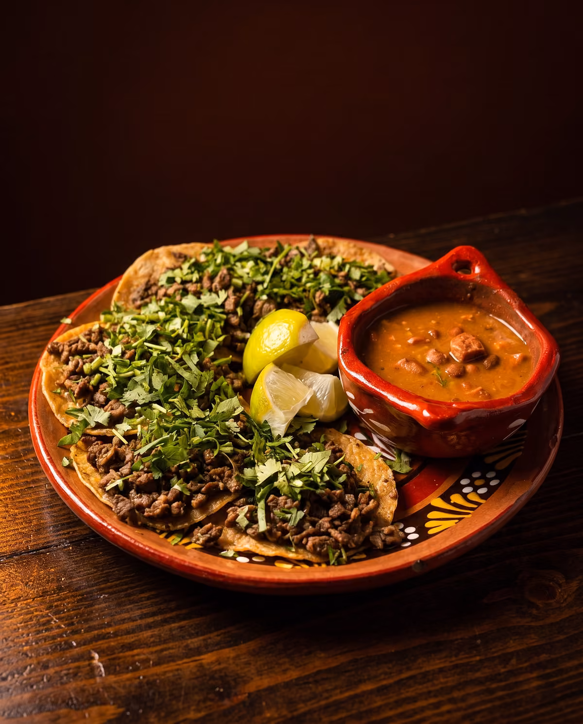 Carne asada tacos with charro beans