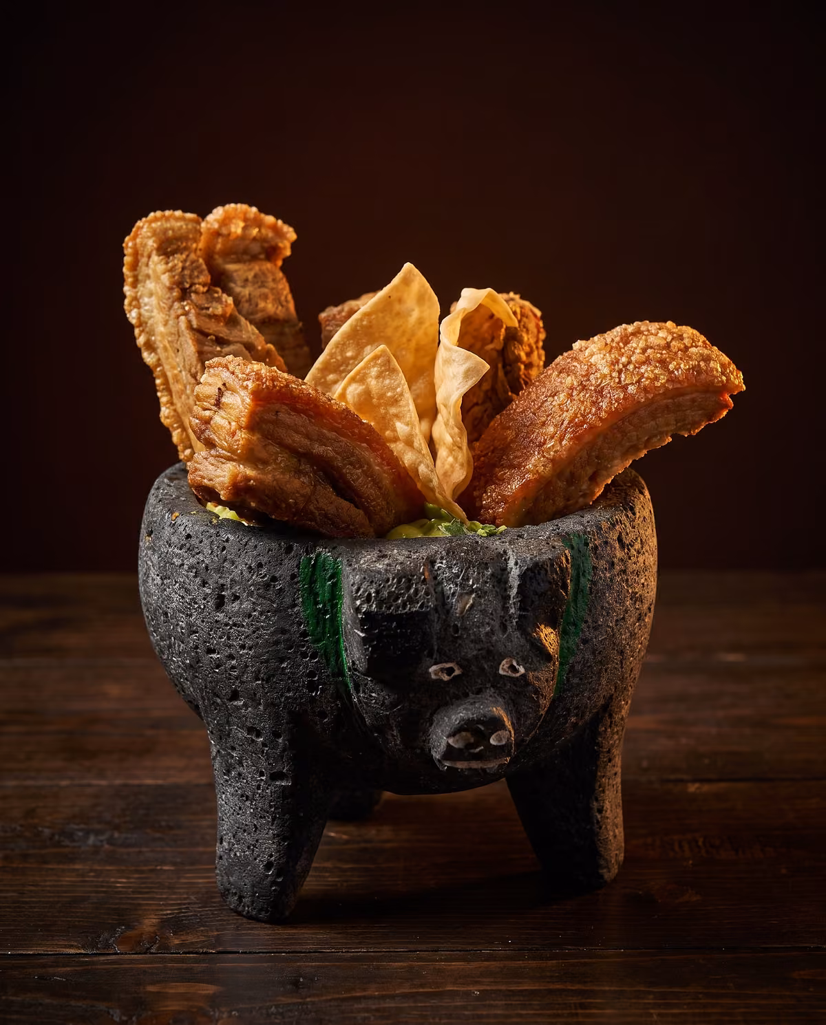 Pork belly chicharrón molcajete