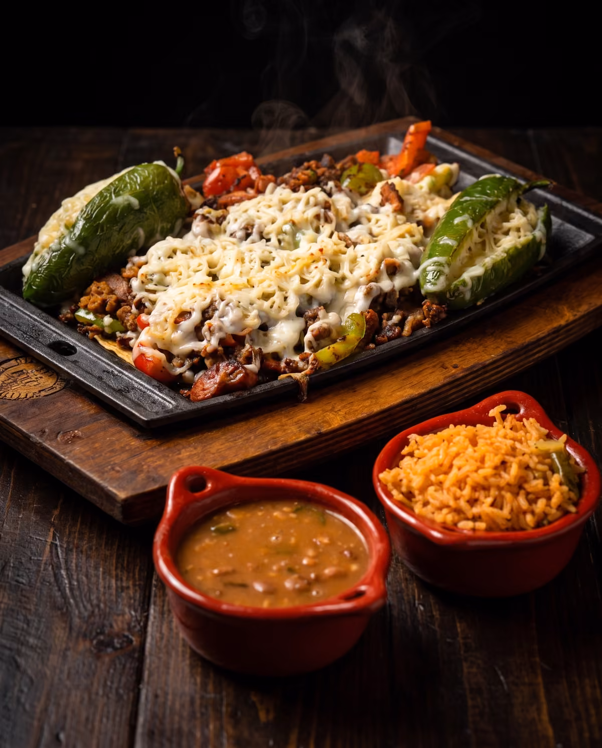 Alambre with asada, chorizo, sausage and bell pepper under melted cheese
